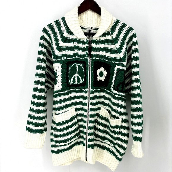 UO BDG Crochet Knit Zip Up Cardigan Sweater Patchwork Green Peace NWT $148 sz XS - Picture 4 of 10